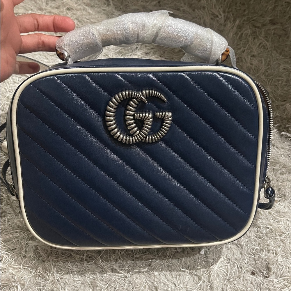 Navy Blue Structured Crossbody Bag with Silver Hardware - Picture 5 of 11